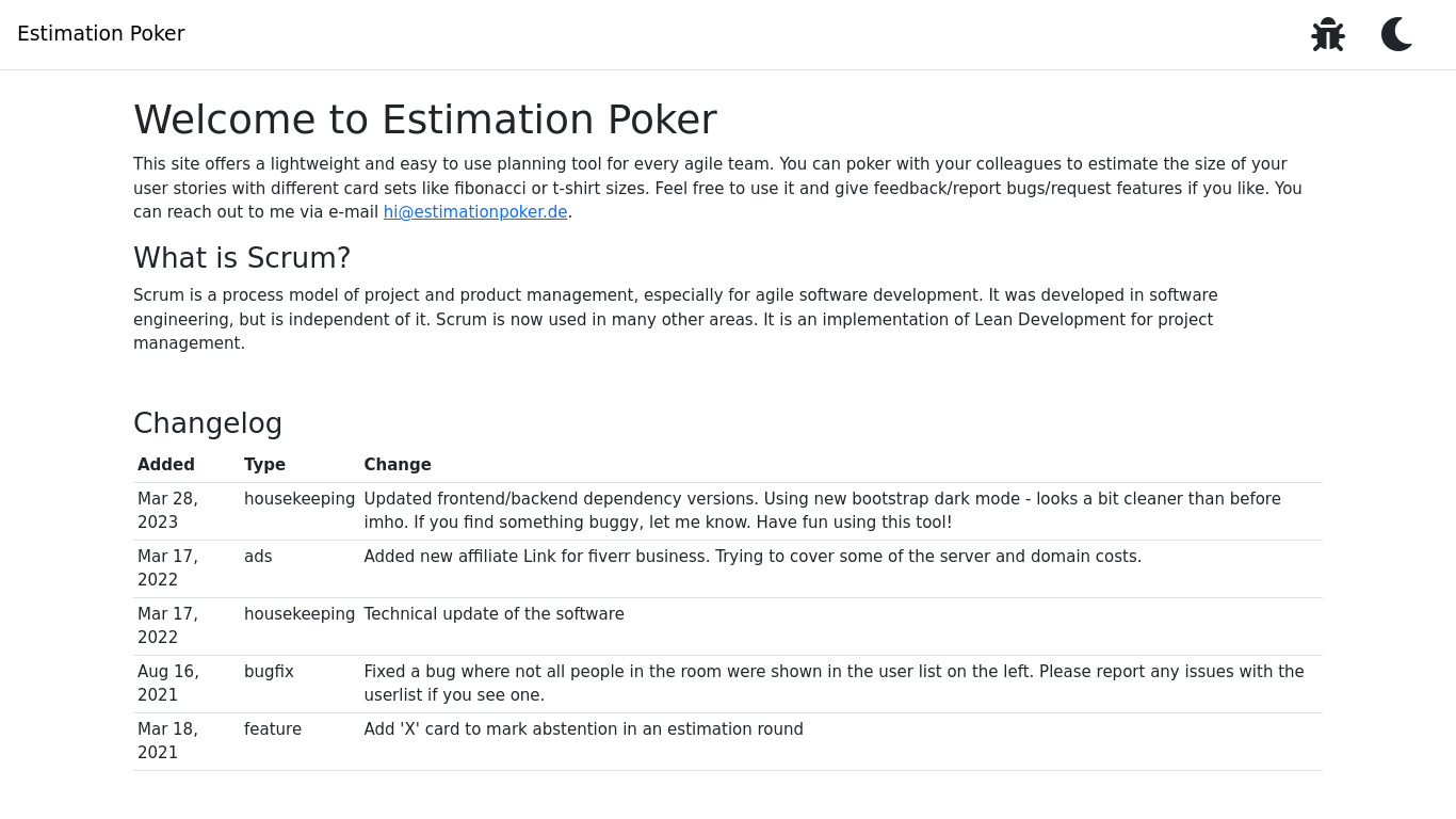 Estimation Poker Landing page
