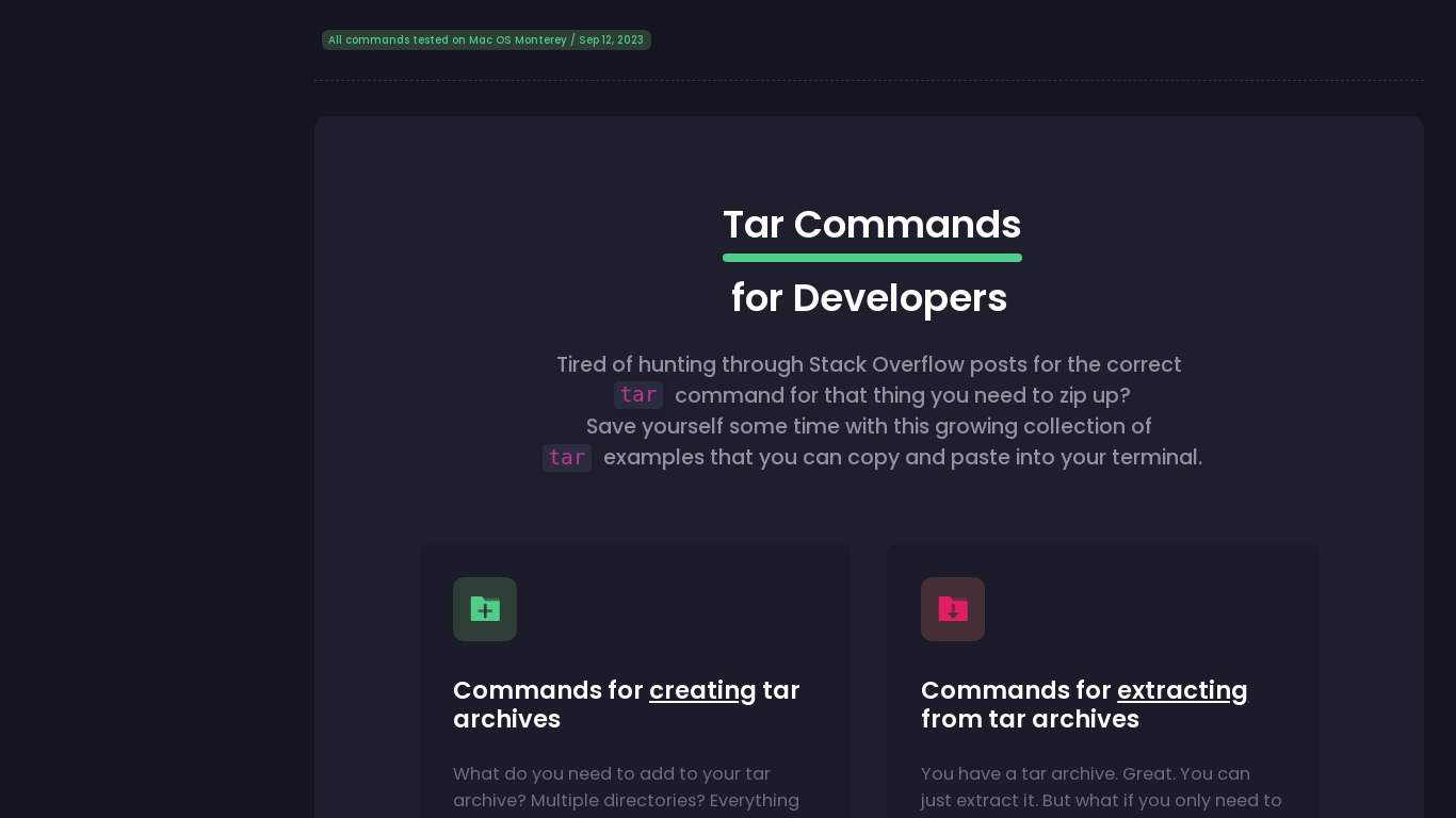 Tar Commands Landing page