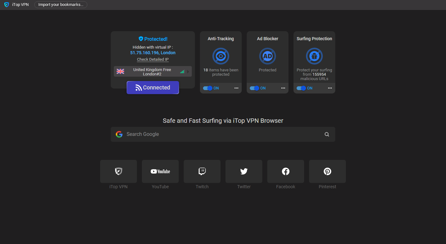 iTop VPN Browser Landing page