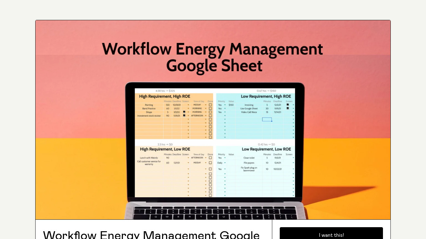 Workflow Energy Management Sheet Landing page