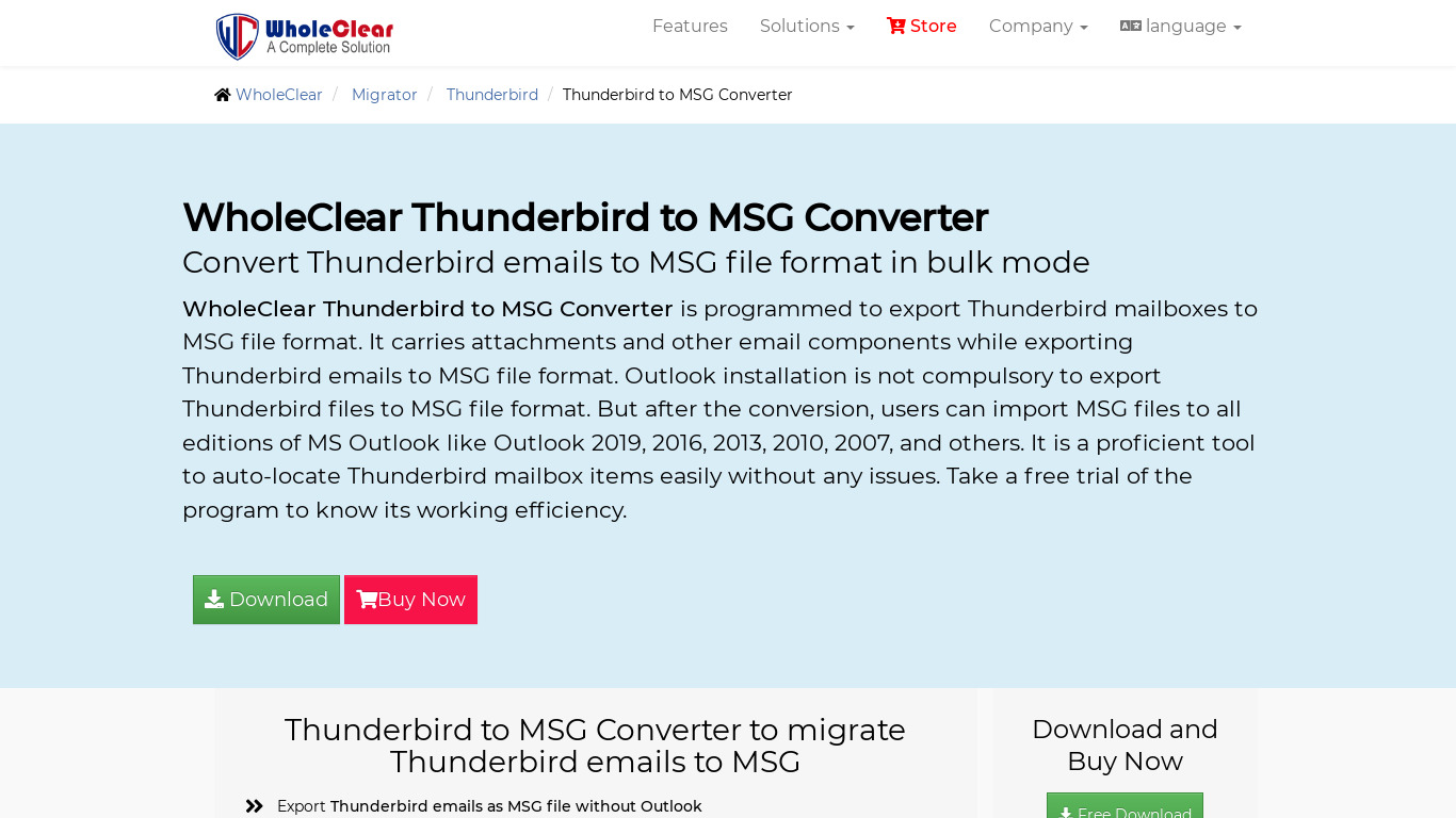 WholeClear Thunderbird to MSG Converter Landing page