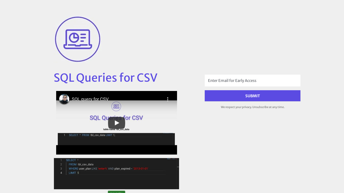 SQL query for CSV Landing page