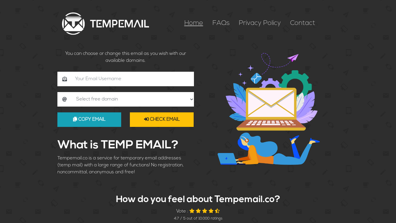 Tempemail Landing page