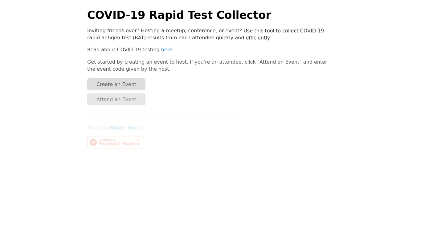 COVID-19 Rapid Test Collector Landing page