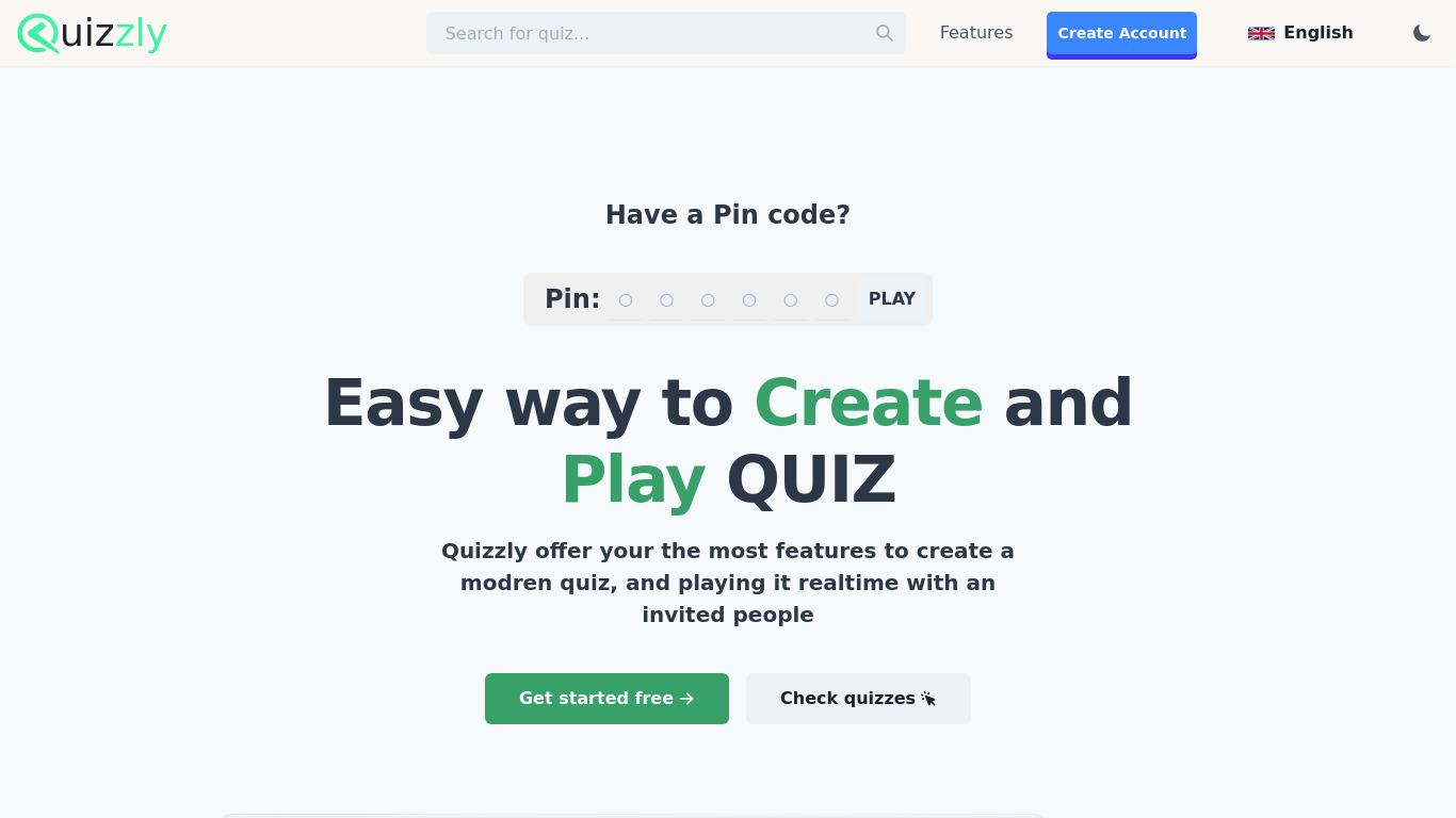 Quizzly Landing page