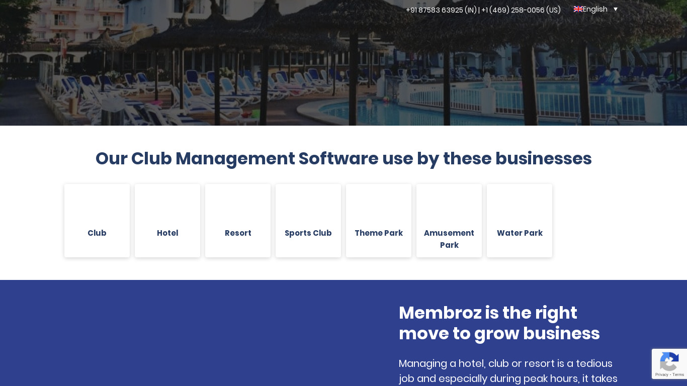 Membroz Club Management Software Landing page