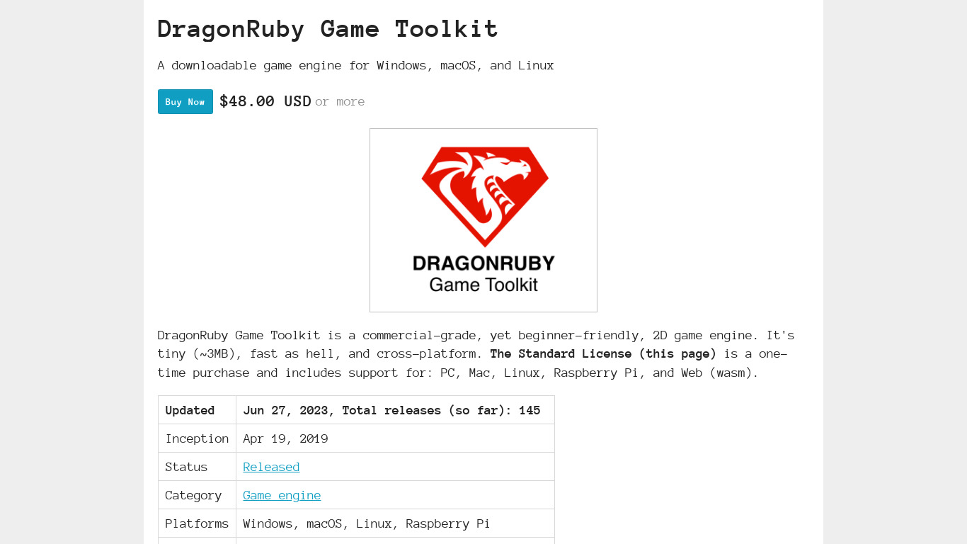 DragonRuby Game Toolkit Landing page