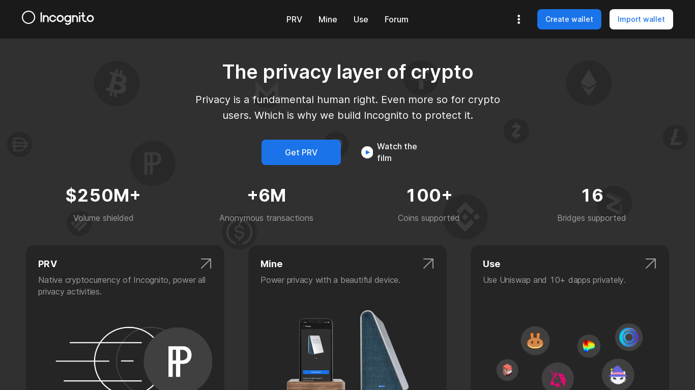 Incognito Crypto Wallet Landing page