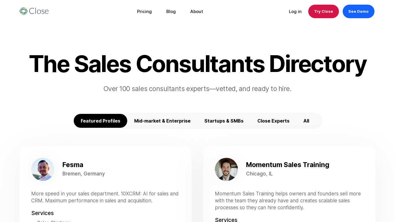 Sales Consultants Directory by Close Landing page