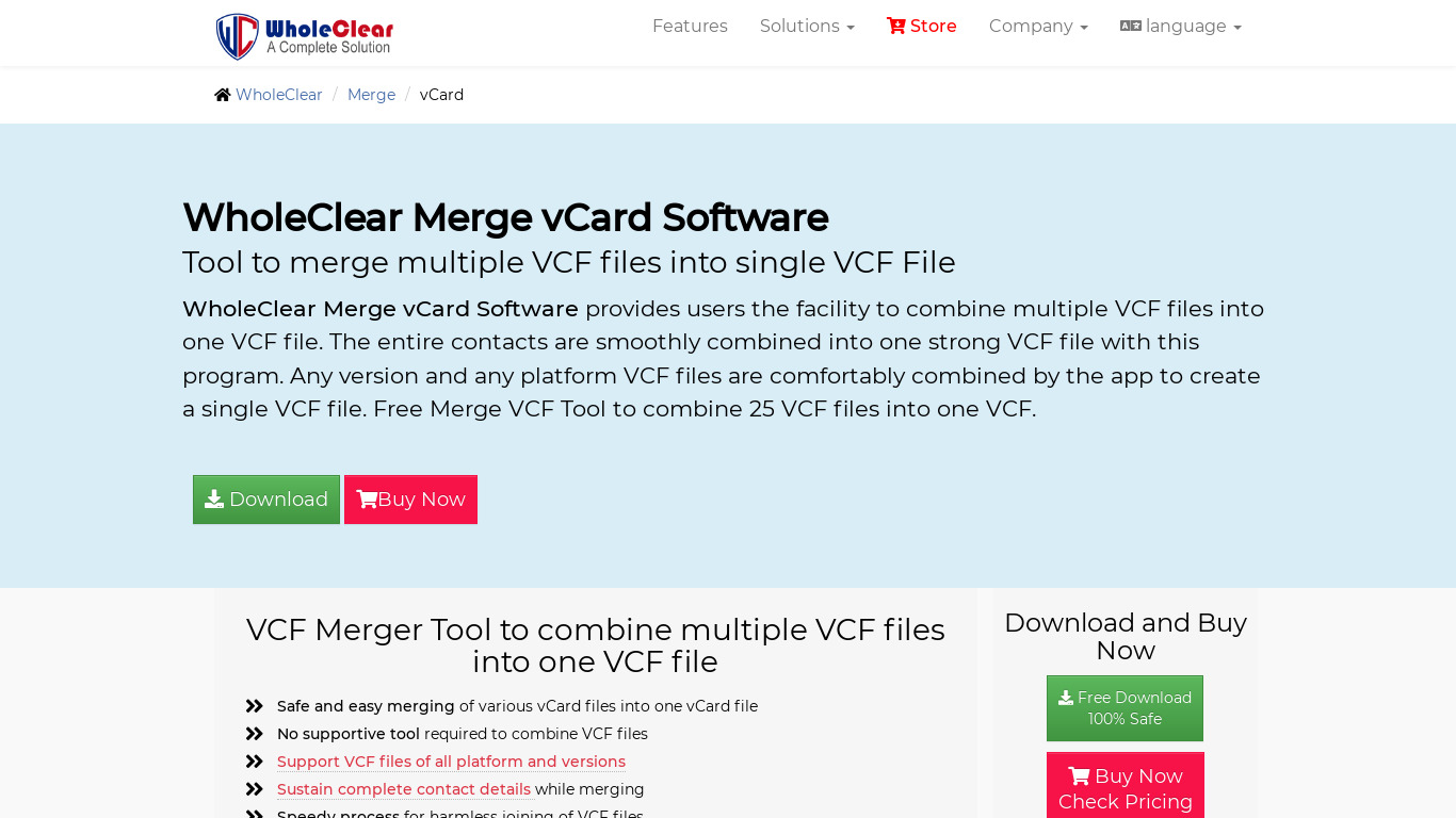 WholeClear Merge vCard Landing page
