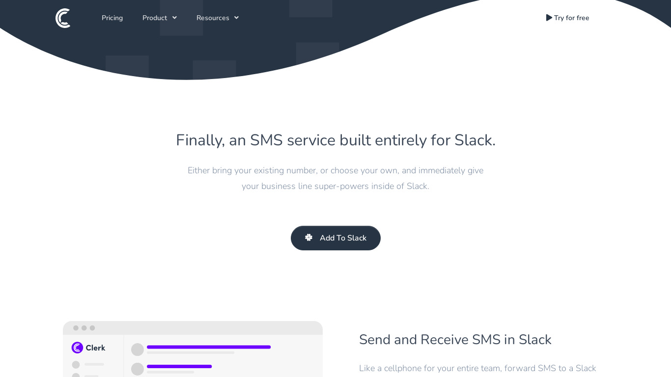 Clerk SMS for Slack Landing page