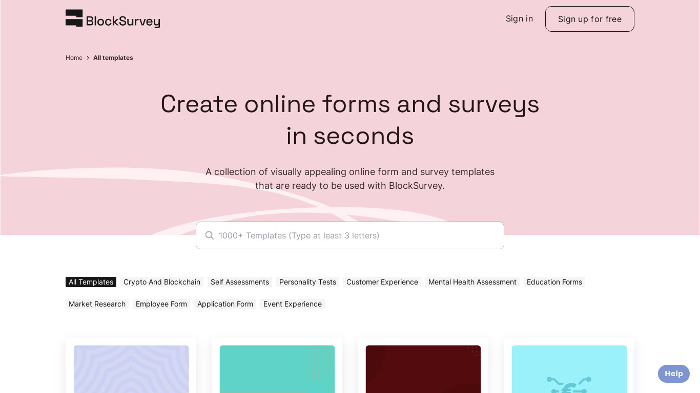 Free Form Templates by BlockSurvey Landing page