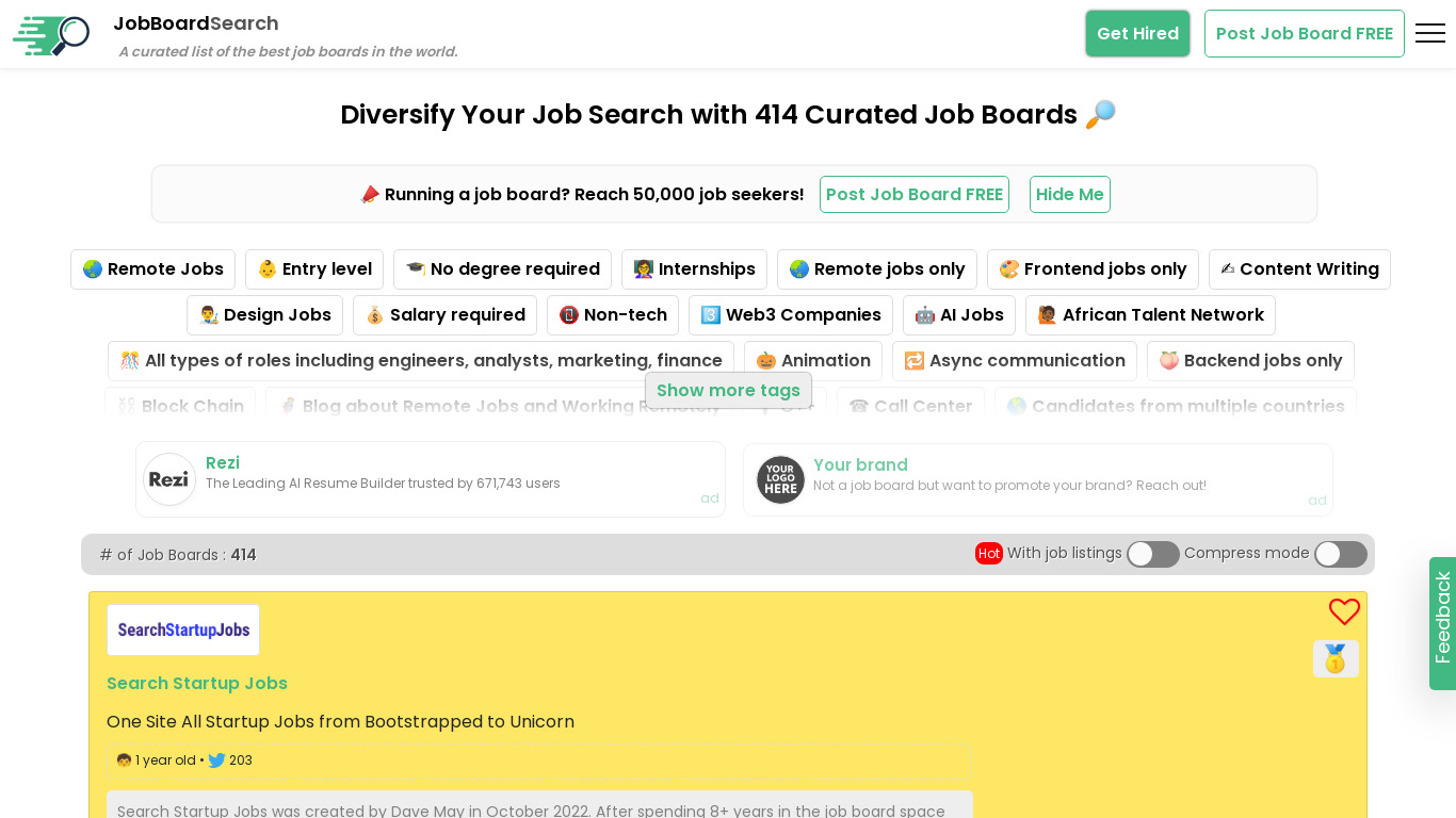 StackOverflow Jobs Alternatives Landing page