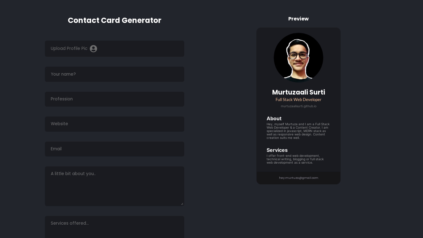 Contact Card Generator Landing page