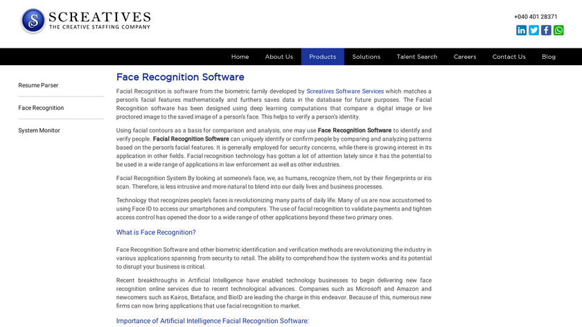 Screatives Face Recognition Landing Page