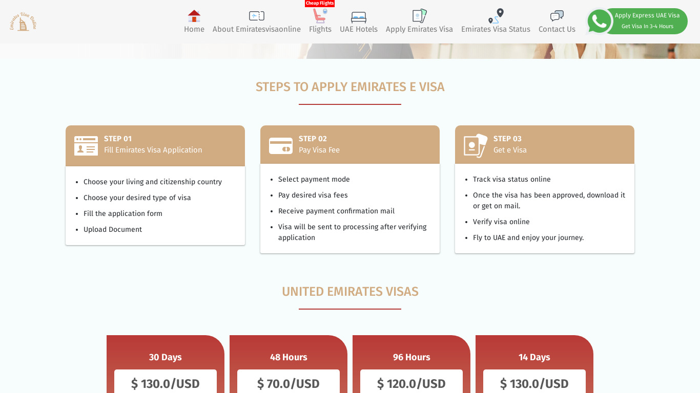 Emirates Visa Online Landing page