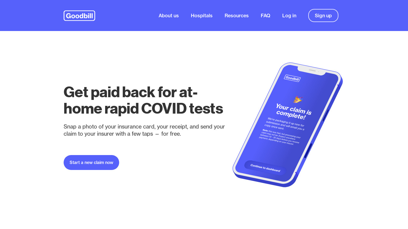 COVID Test Reimbursements by Goodbill Landing page