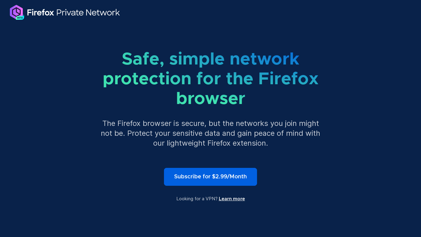 Firefox Private Network Landing page