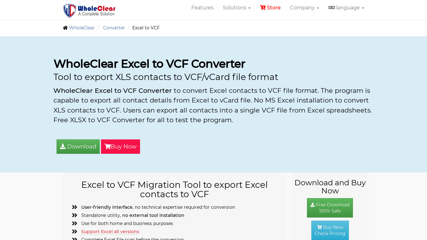 WholeClear Excel to VCF Converter Landing page