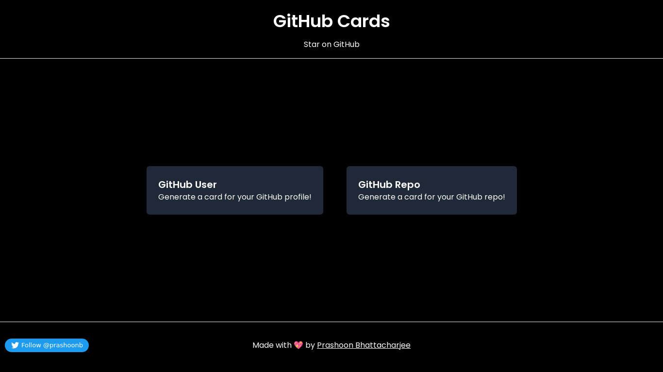 GitHub Cards Landing page