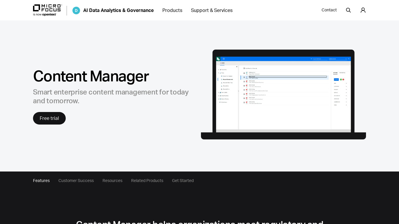 Micro Focus Content Manager Landing page