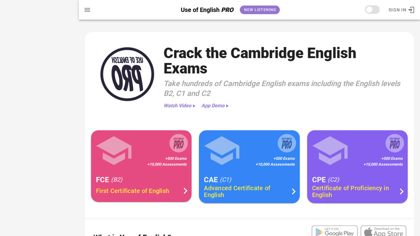 Use of English PRO Web-App Landing Page