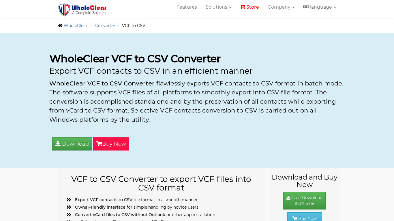 WholeClear VCF to CSV Converter Landing page