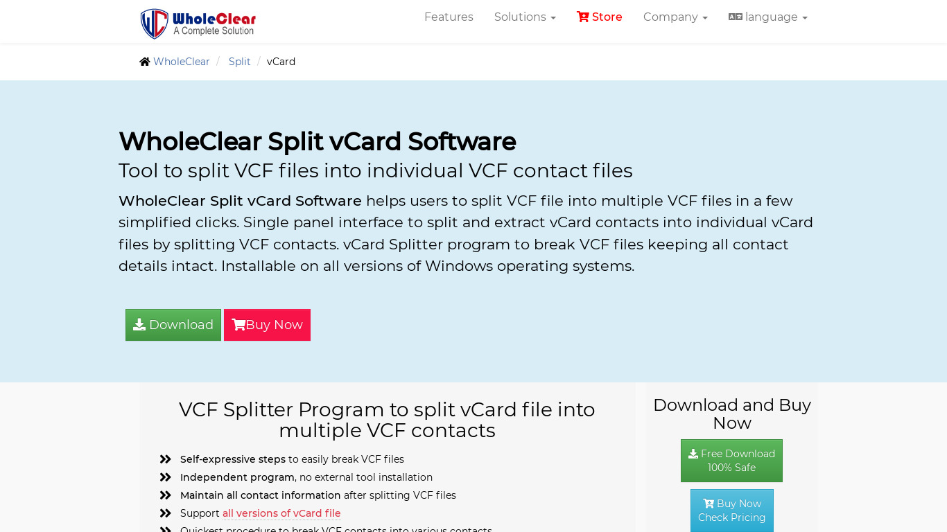 WholeClear Split vCard Landing page