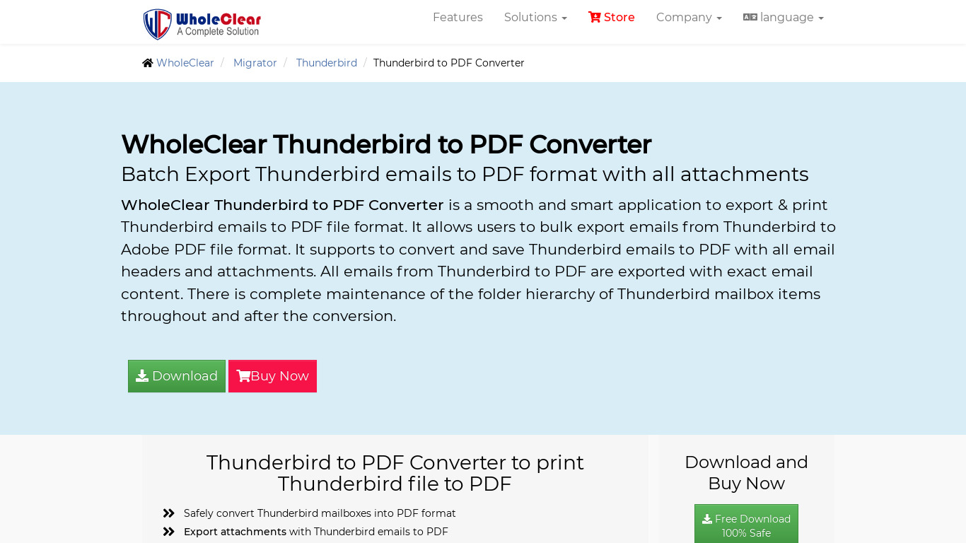 WholeClear Thunderbird to PDF Converter Landing page