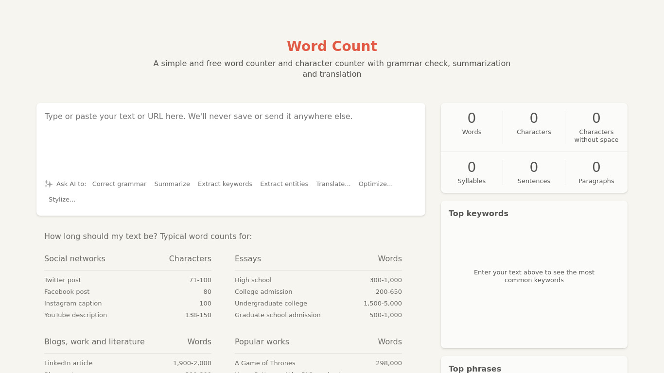 Word Count Landing page
