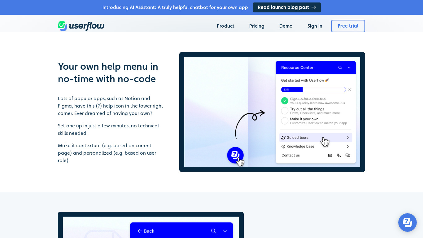 Resource Center by Userflow Landing page