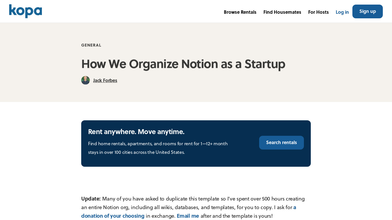 The Notion Startup Template Landing page