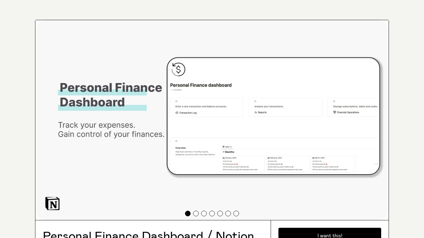 Notion (FIRE) Finance Dashboard Landing page
