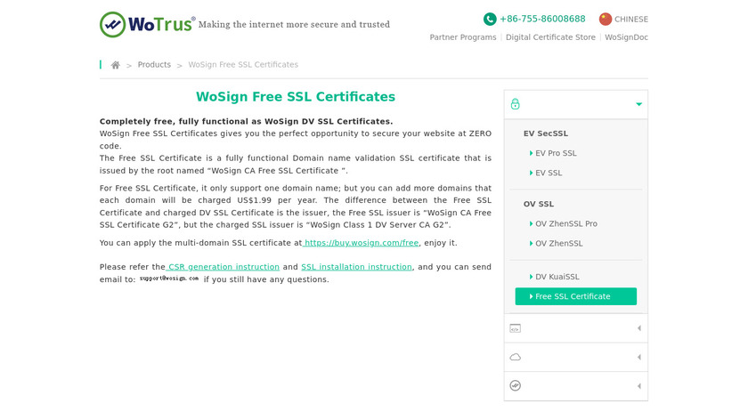 WoSign Free SSL Landing Page