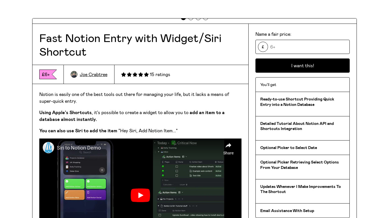 Notion Quick Entry Widget Landing page