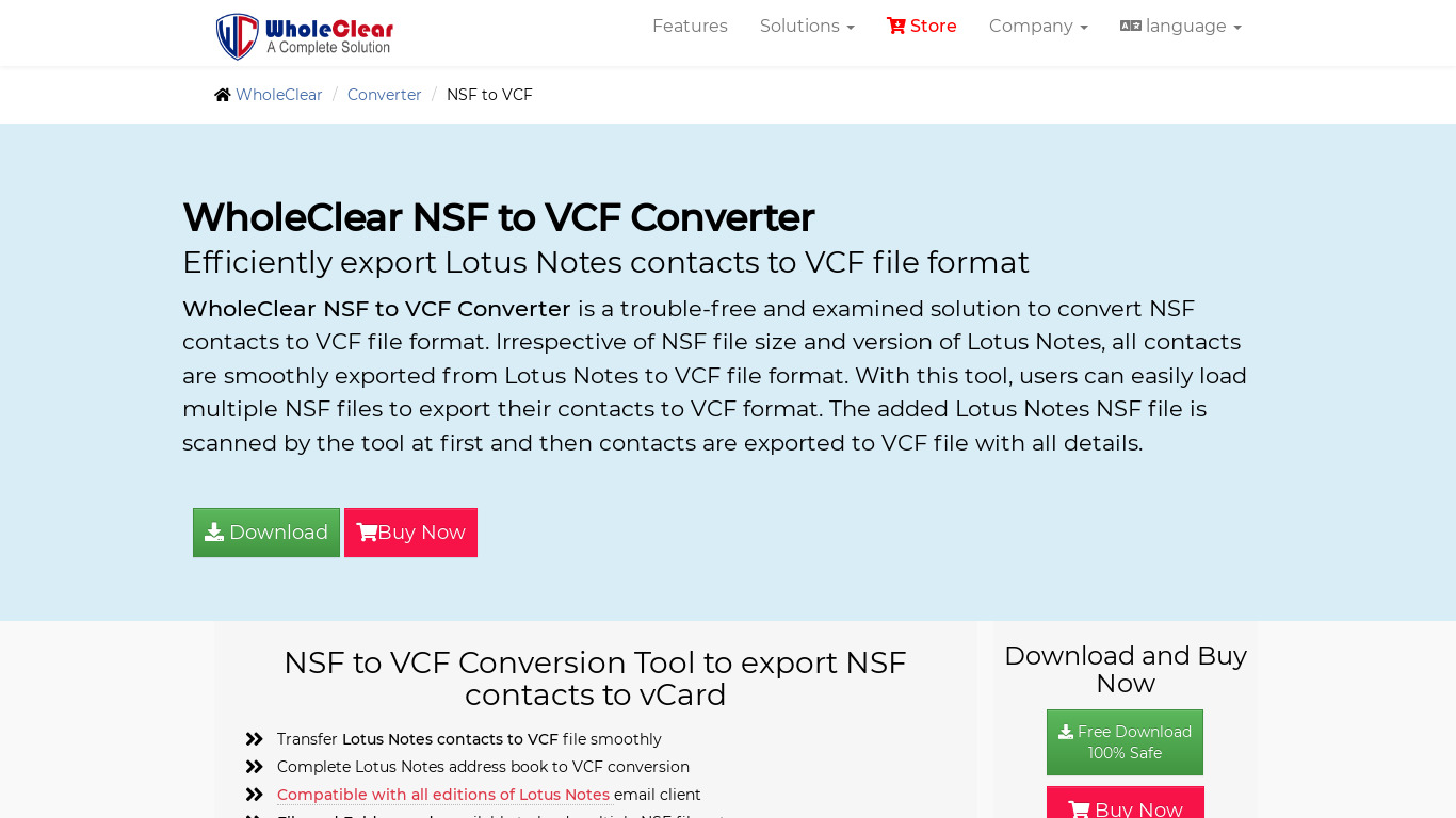 WholeClear NSF to VCF Converter Landing page