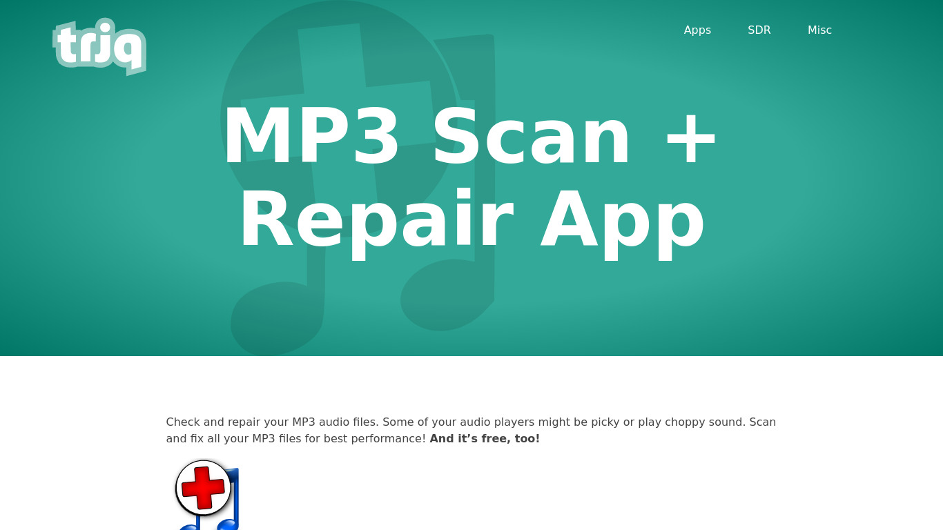 MP3 Scan + Repair App Landing page