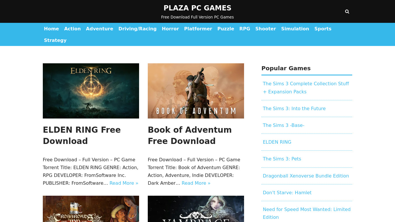 Plaza PC Games Landing page