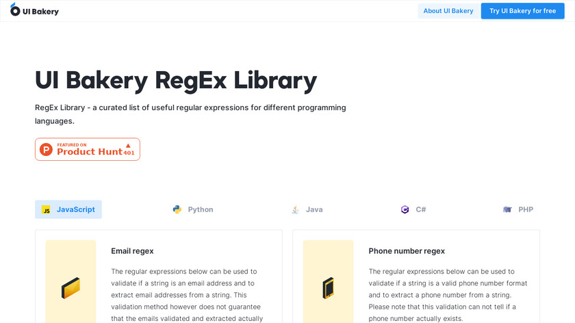 Regex library Landing Page