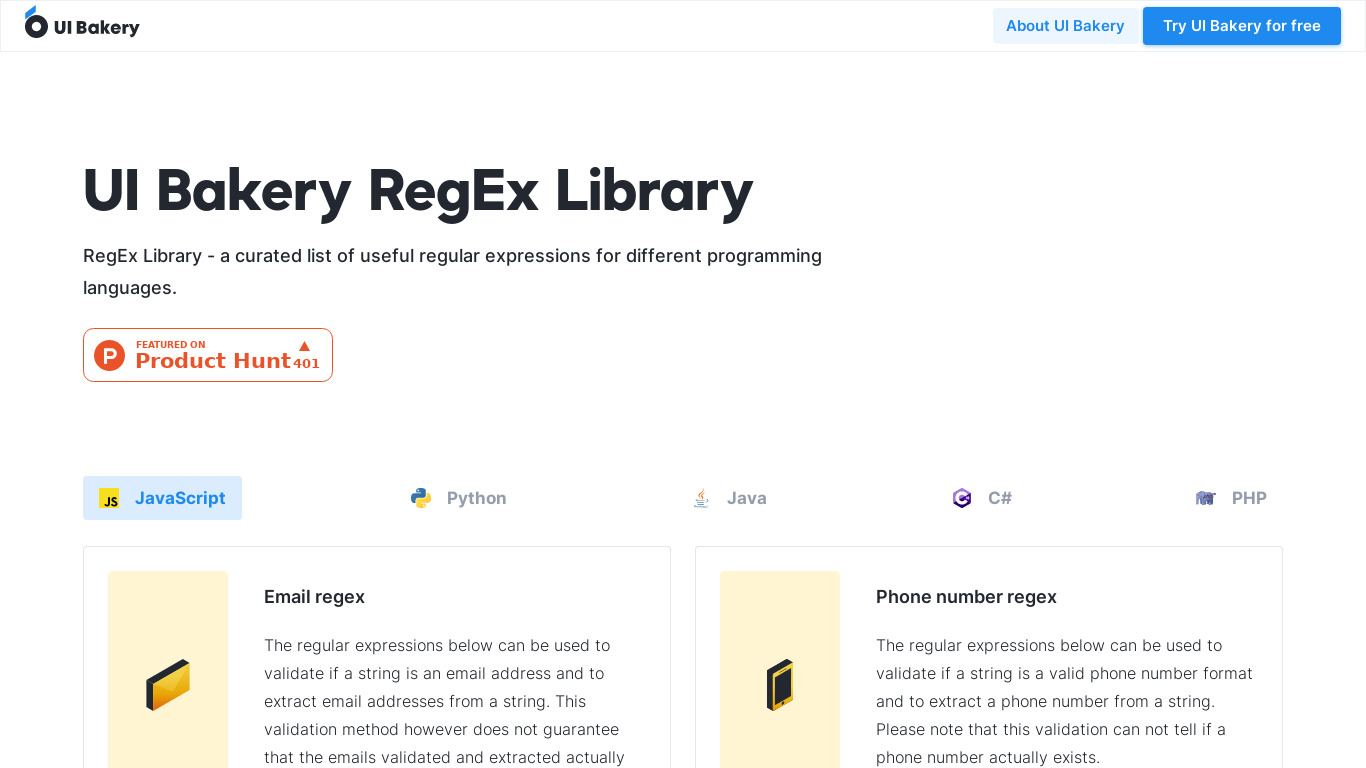 Regex library Landing page