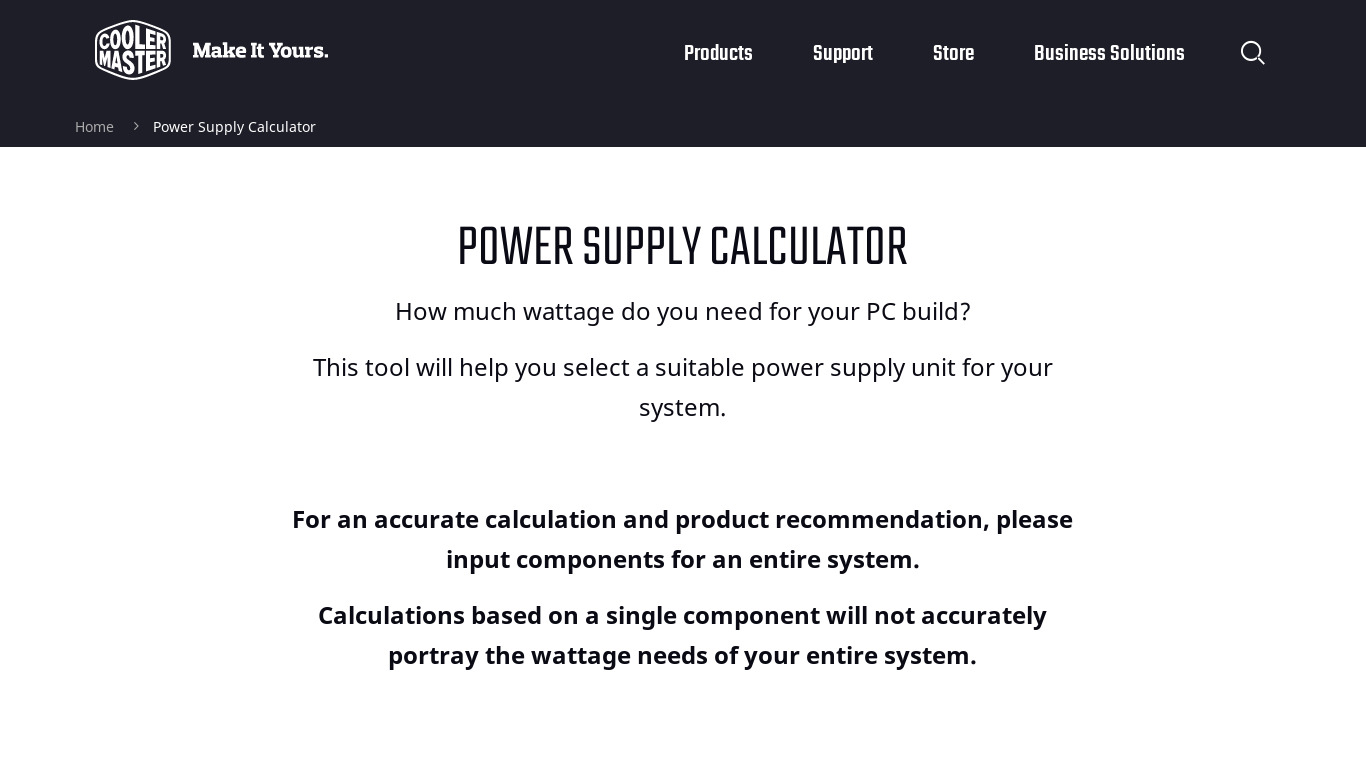 Cooler Master Power Supply Calculator Landing page