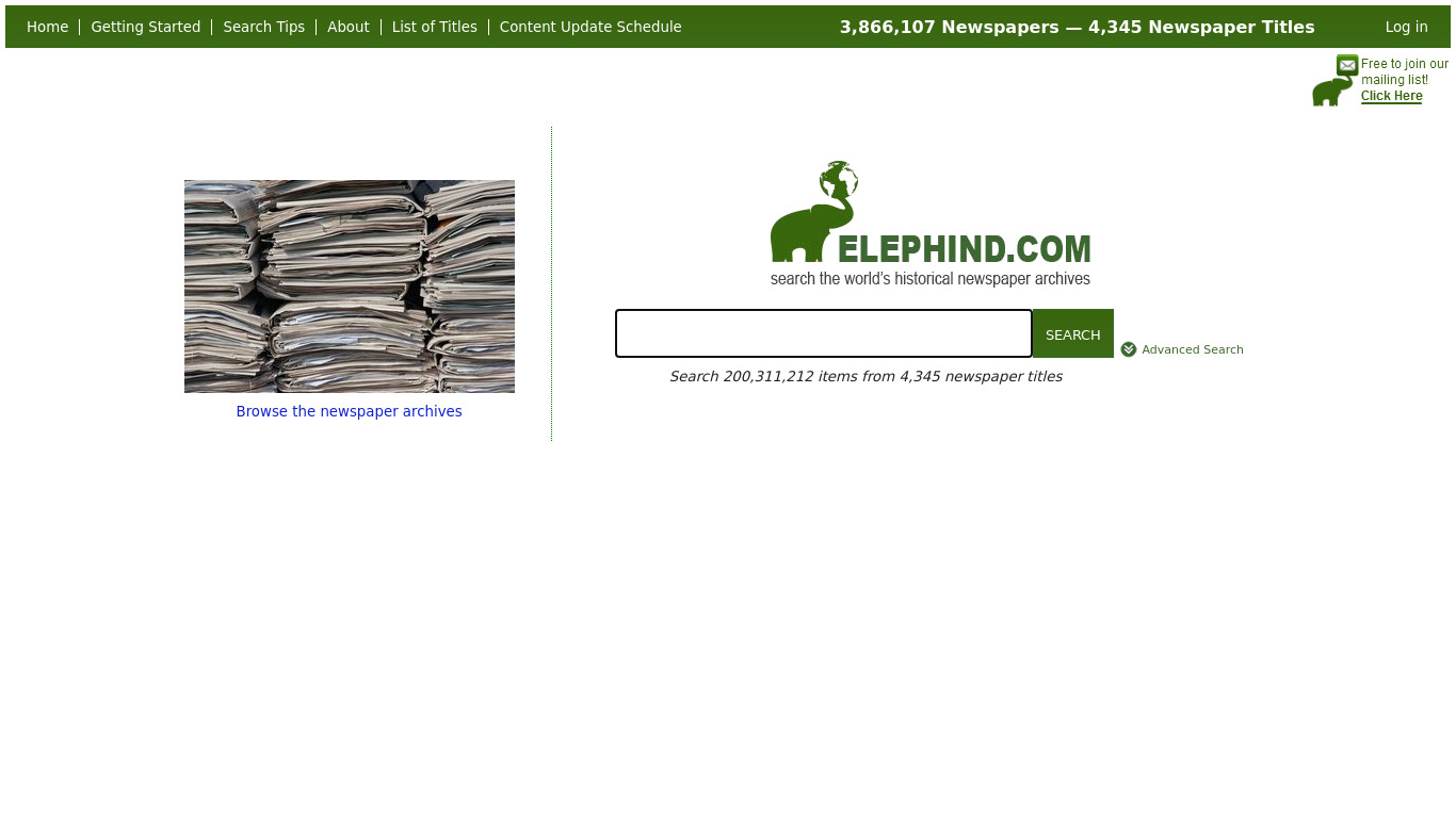 Elephind.com Landing page
