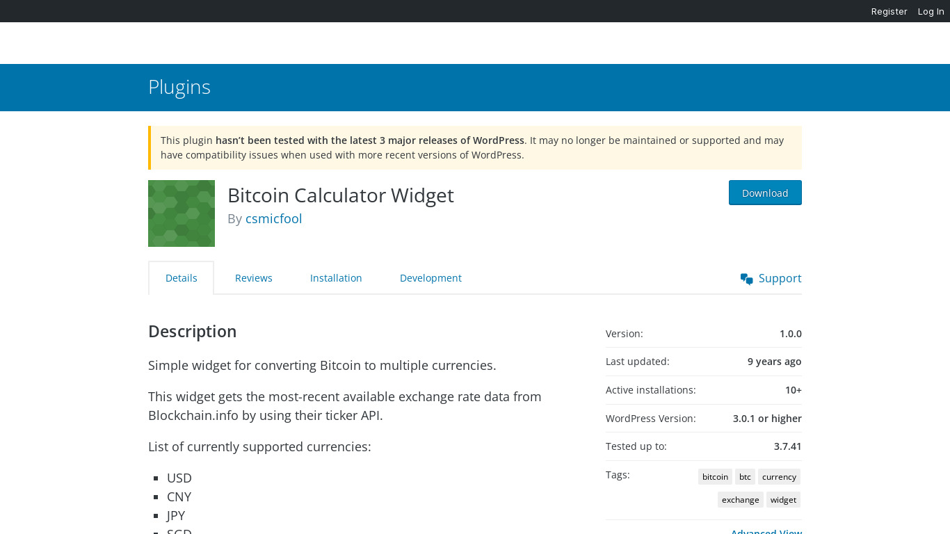 Bitcoin Calculator Widget Landing page