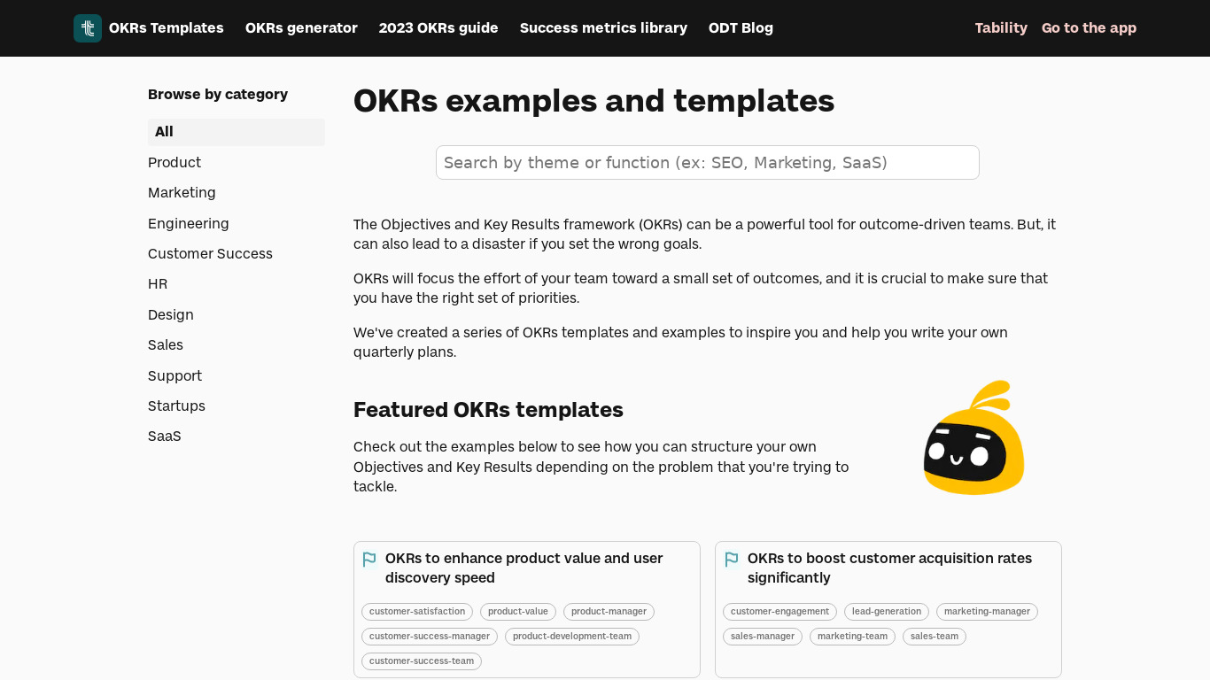 OKRs templates Landing page