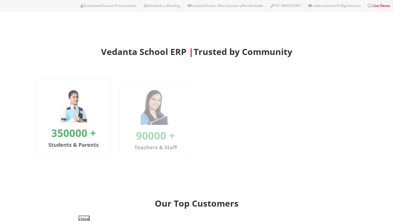 Vedanta Education ERP Landing page