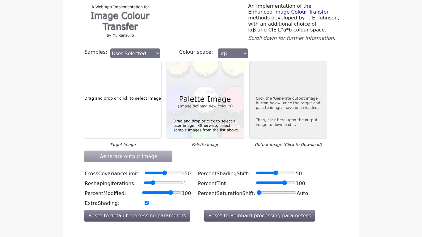 Image Colour Transfer Landing page