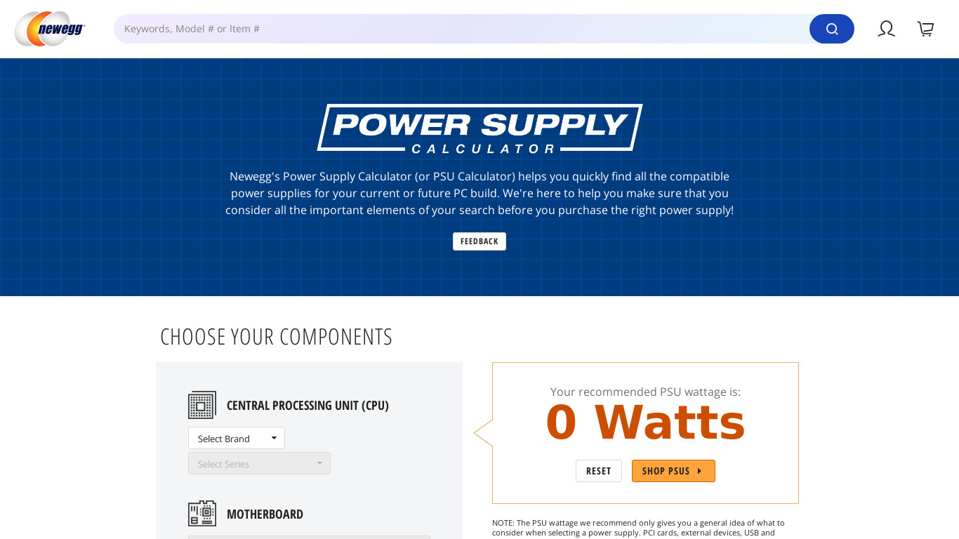 Newegg Power Supply Calculator Landing page