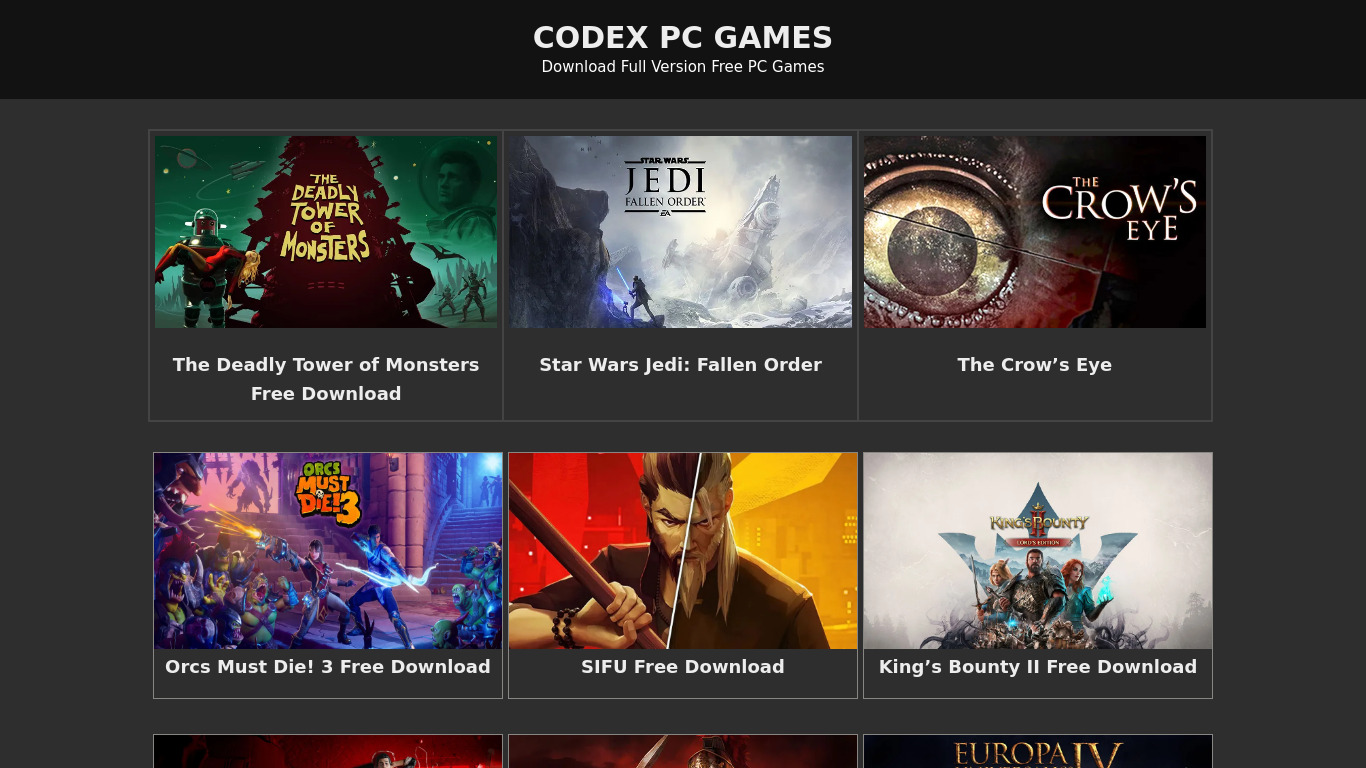 CoDeX PC GAMES Landing page