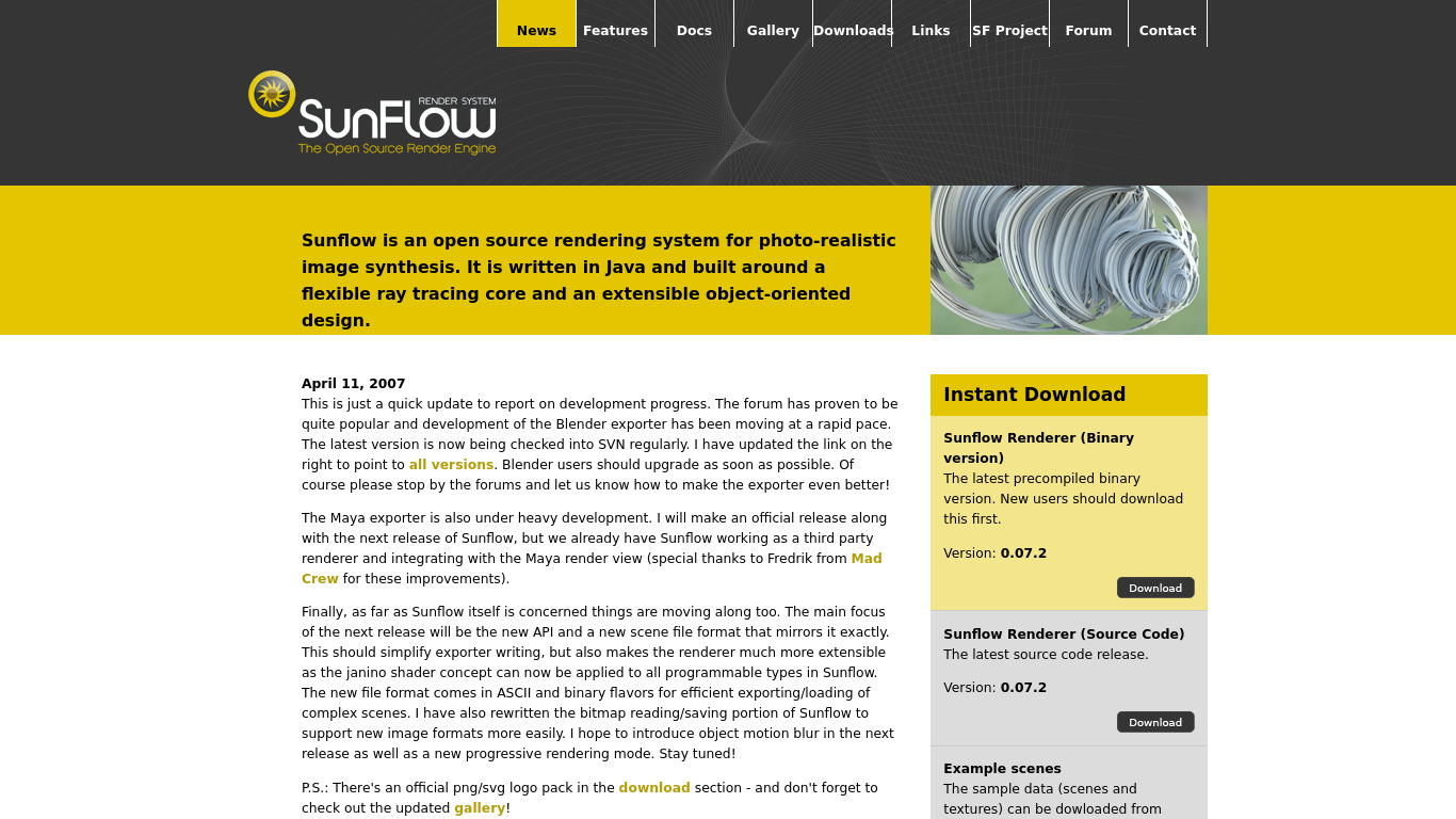 Sunflow Rendering System Landing page