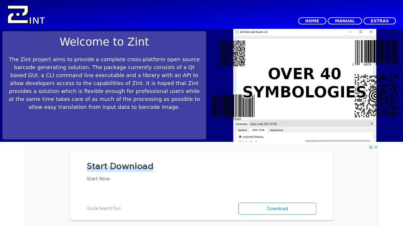 Zint Barcode Generator Landing page